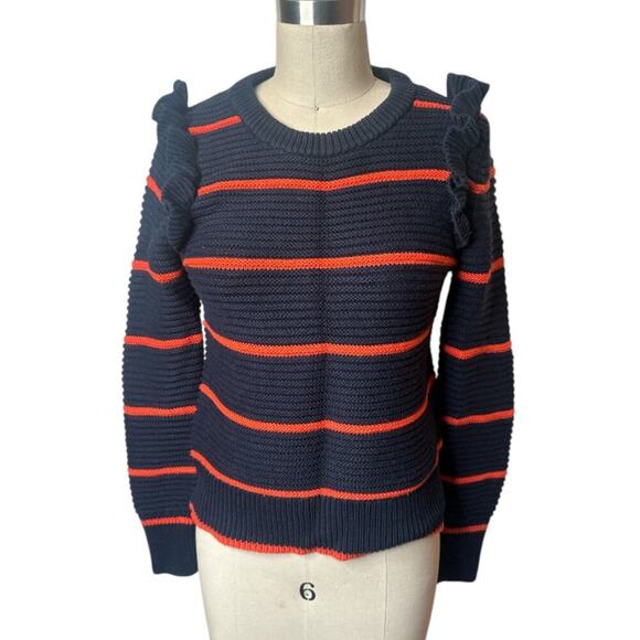 Banana Republic Navy Orange Stripe Ruffle Shoulder Long Sleeve Sweater Women's S - Picture 3 of 7